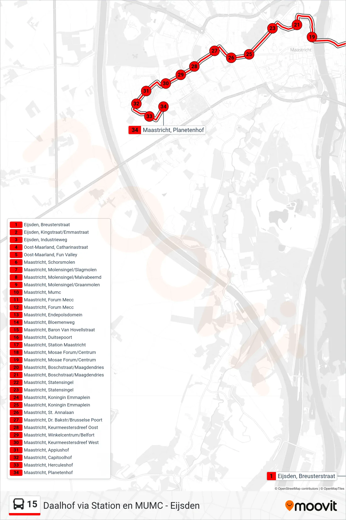 15 bus Line (Daalhof) route and stops on a map