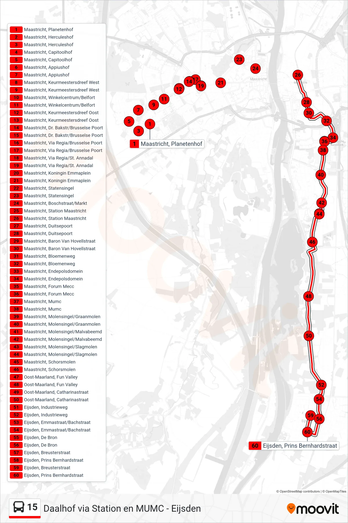 15 bus Line (Eijsden) route and stops on a map