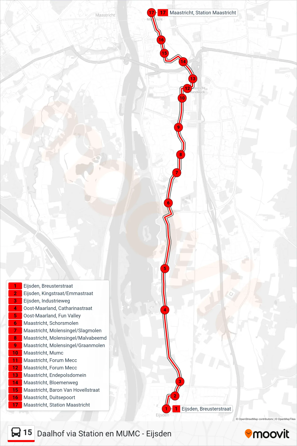 15 bus Line (Maastricht Station) route and stops on a map