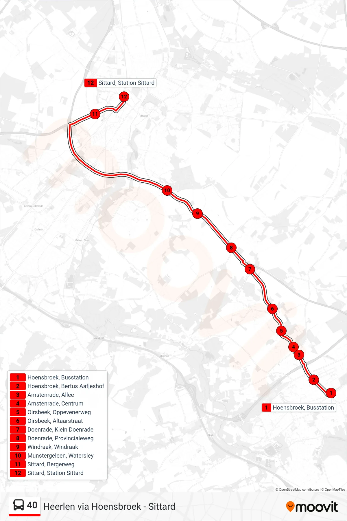 40 bus Line (Sittard Station) route and stops on a map