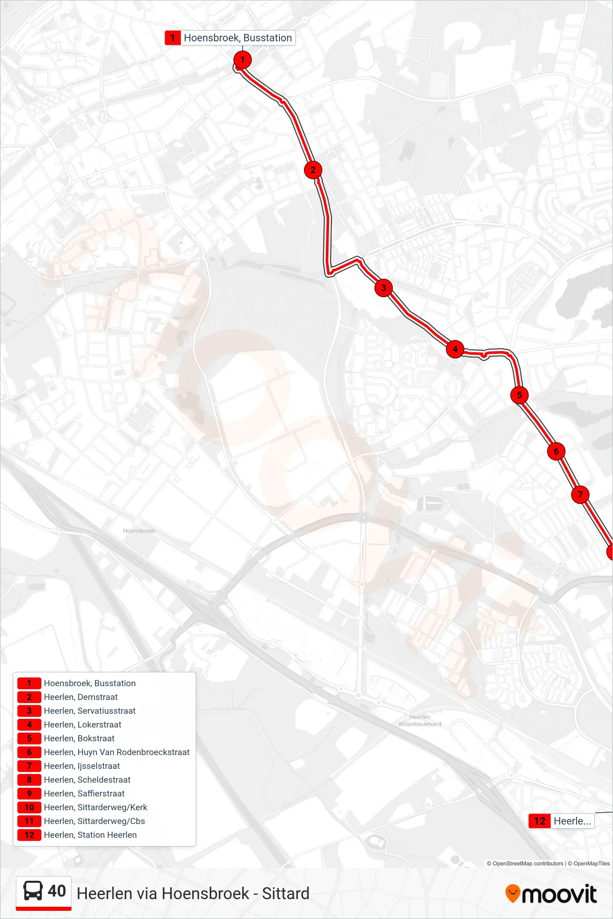 40 bus Line (Heerlen Station) route and stops on a map