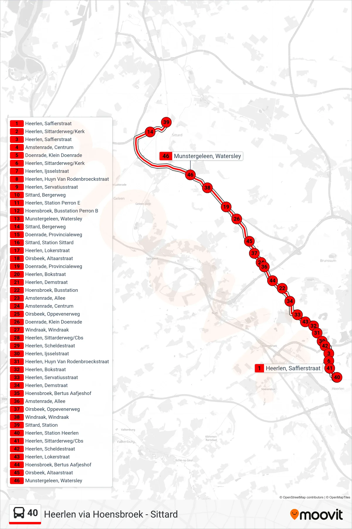 40 bus Line (Sittard) route and stops on a map