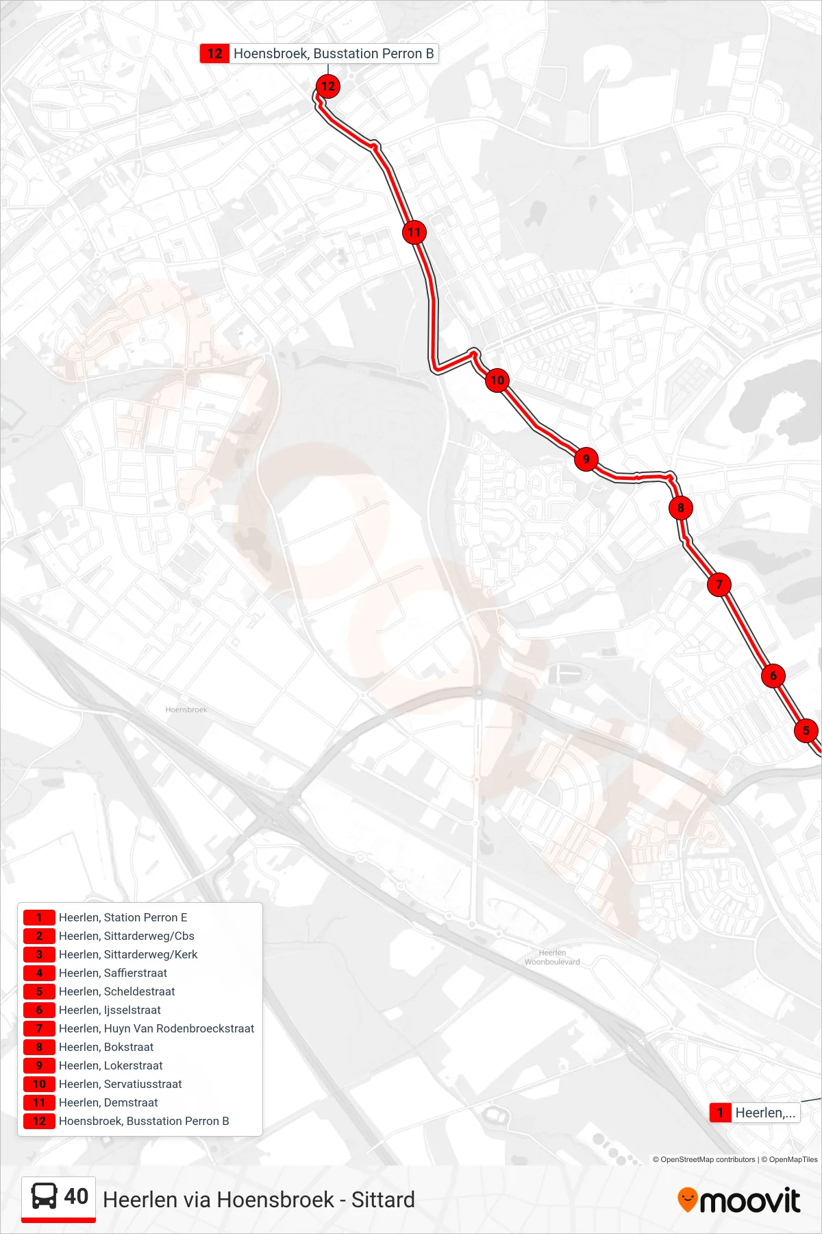 Lijn 40 (bus, Hoensbroek): route en haltes op de kaart
