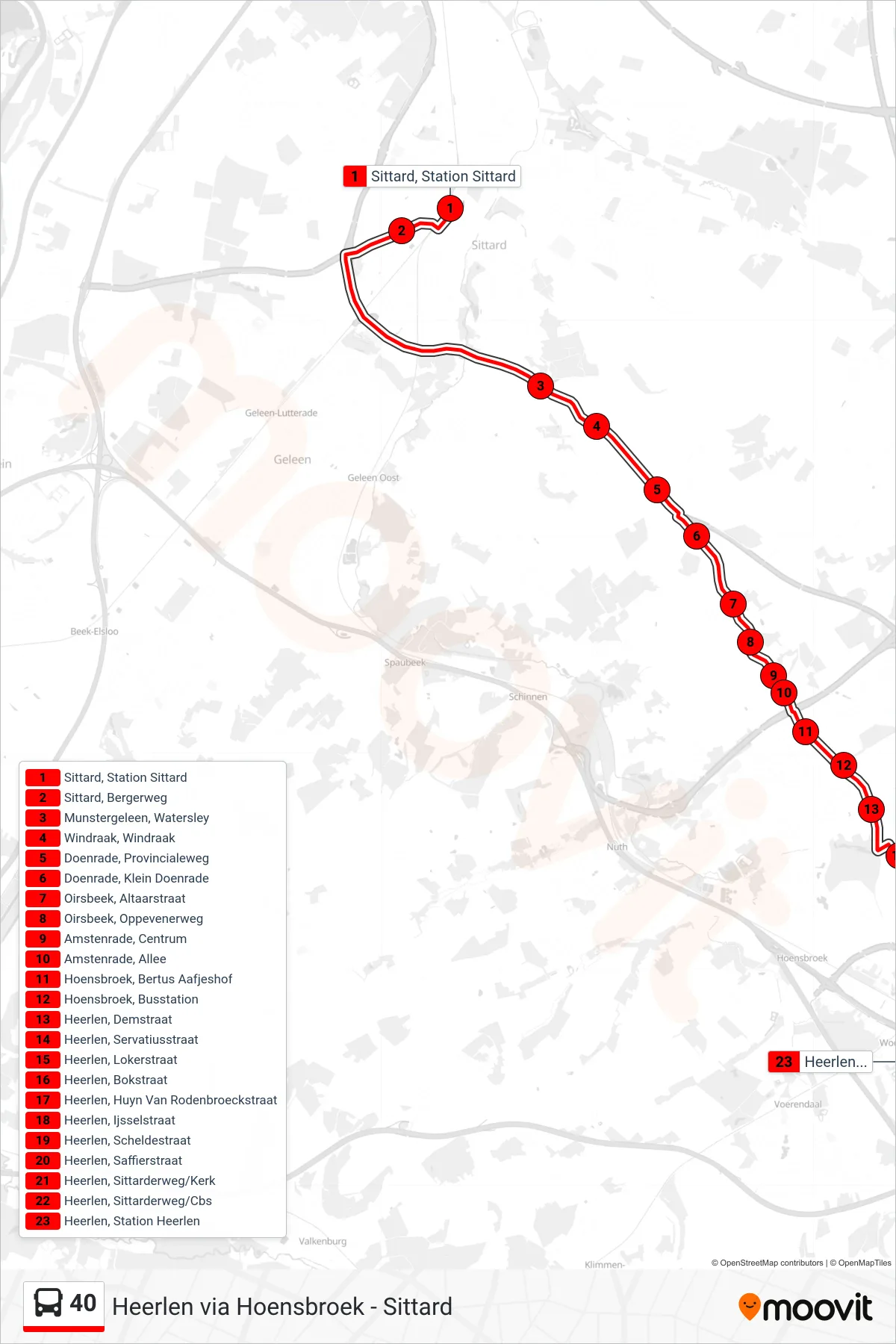 40 bus Line (Heerlen) route and stops on a map