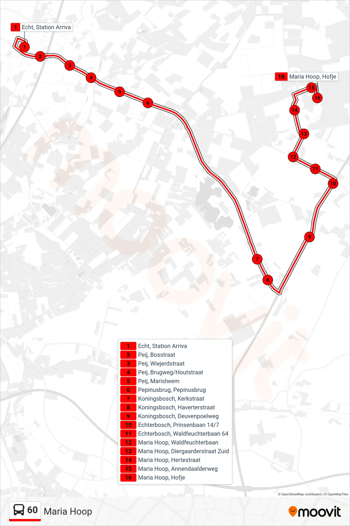 60 bus Line (Maria Hoop) route and stops on a map