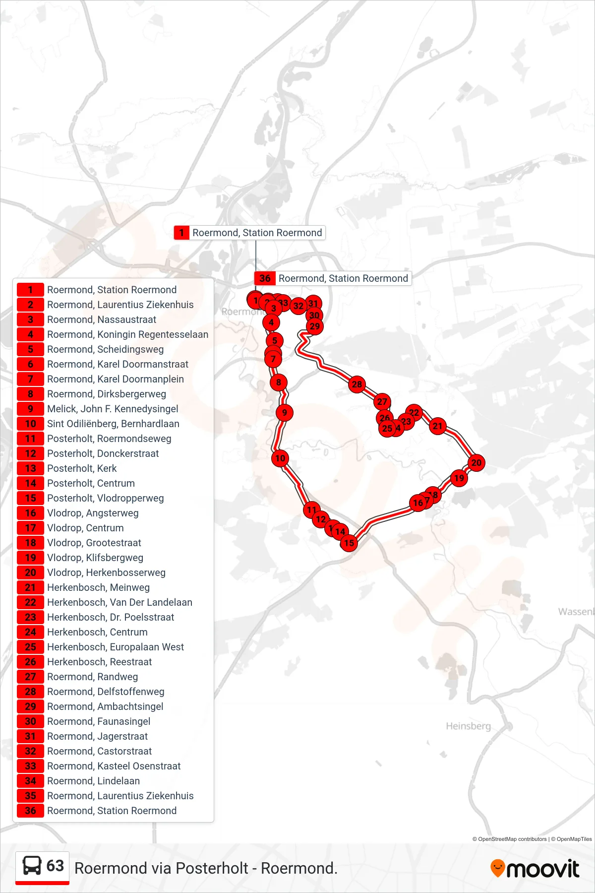 Lijn 63 (bus, Posterholt): route en haltes op de kaart