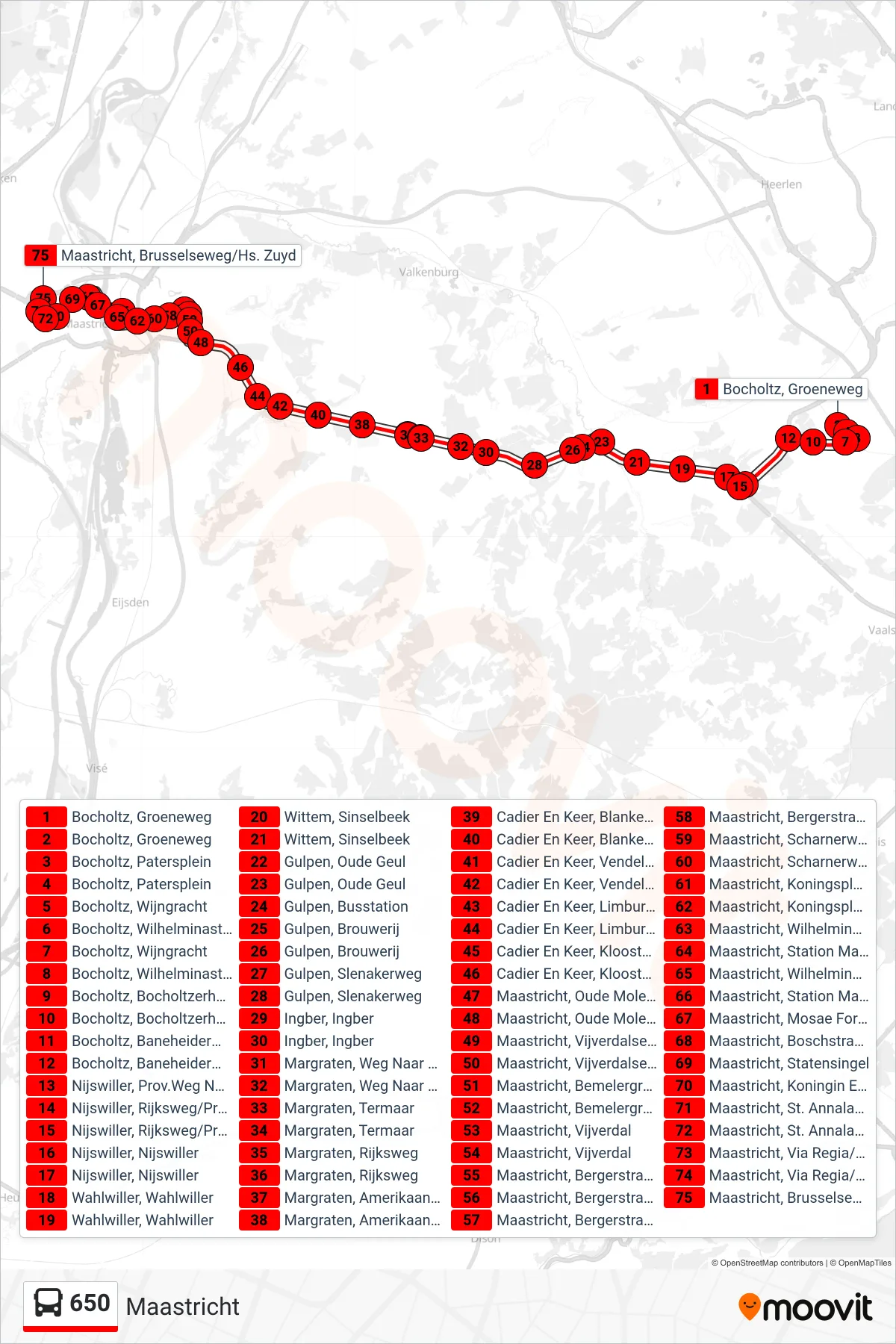 Lijn 650 (bus, Maastricht): route en haltes op de kaart