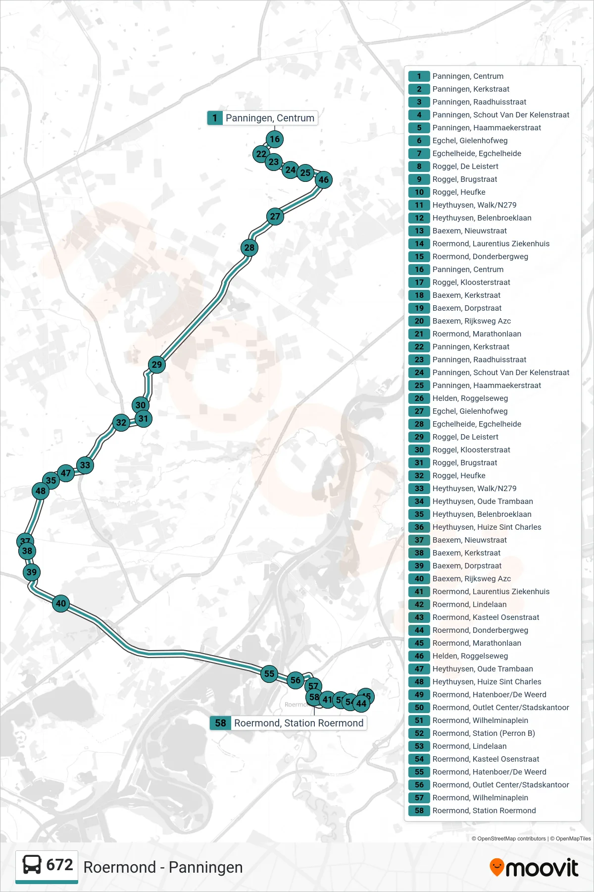 Lijn 672 (bus, Roermond): route en haltes op de kaart