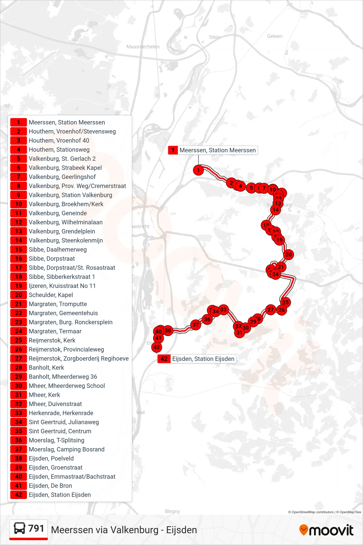 Lijn 791 (bus, Margraten-Eijsden): route en haltes op de kaart