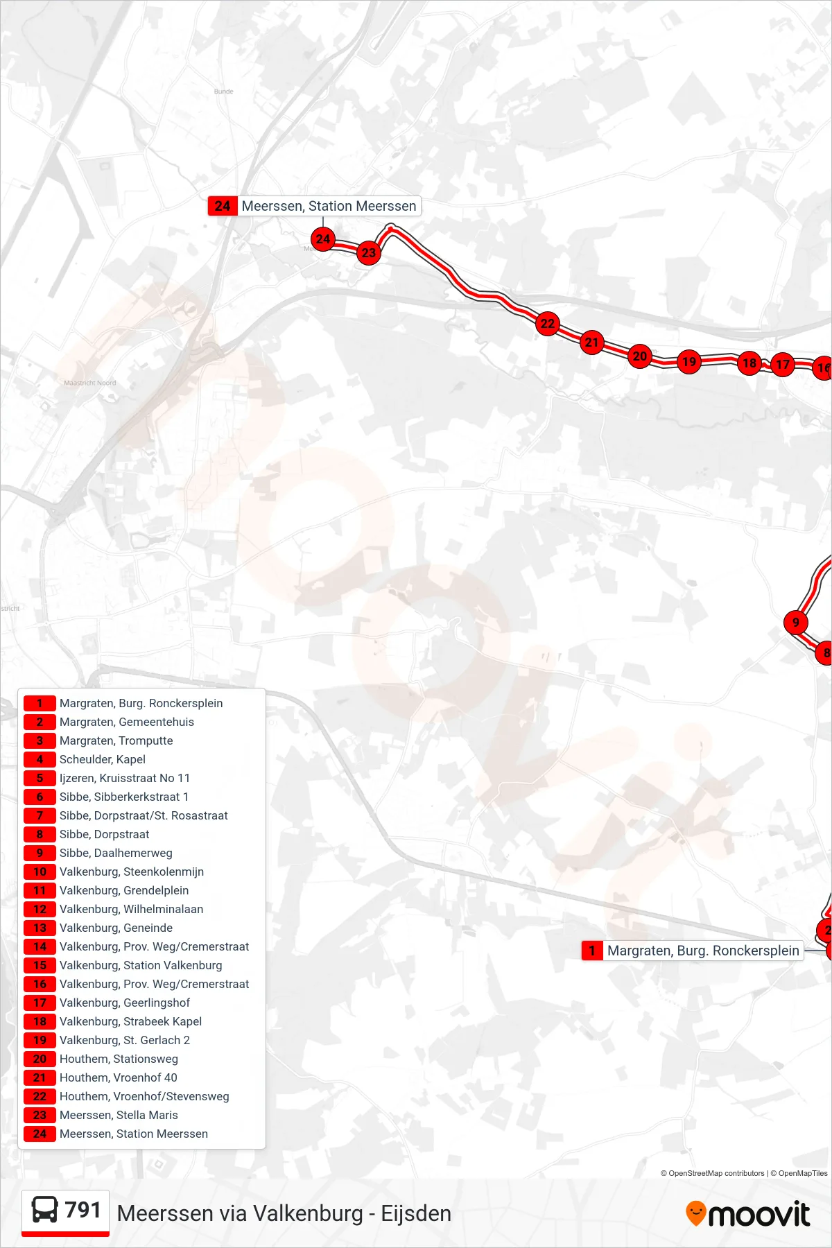 791 bus Line (Meerssen) route and stops on a map