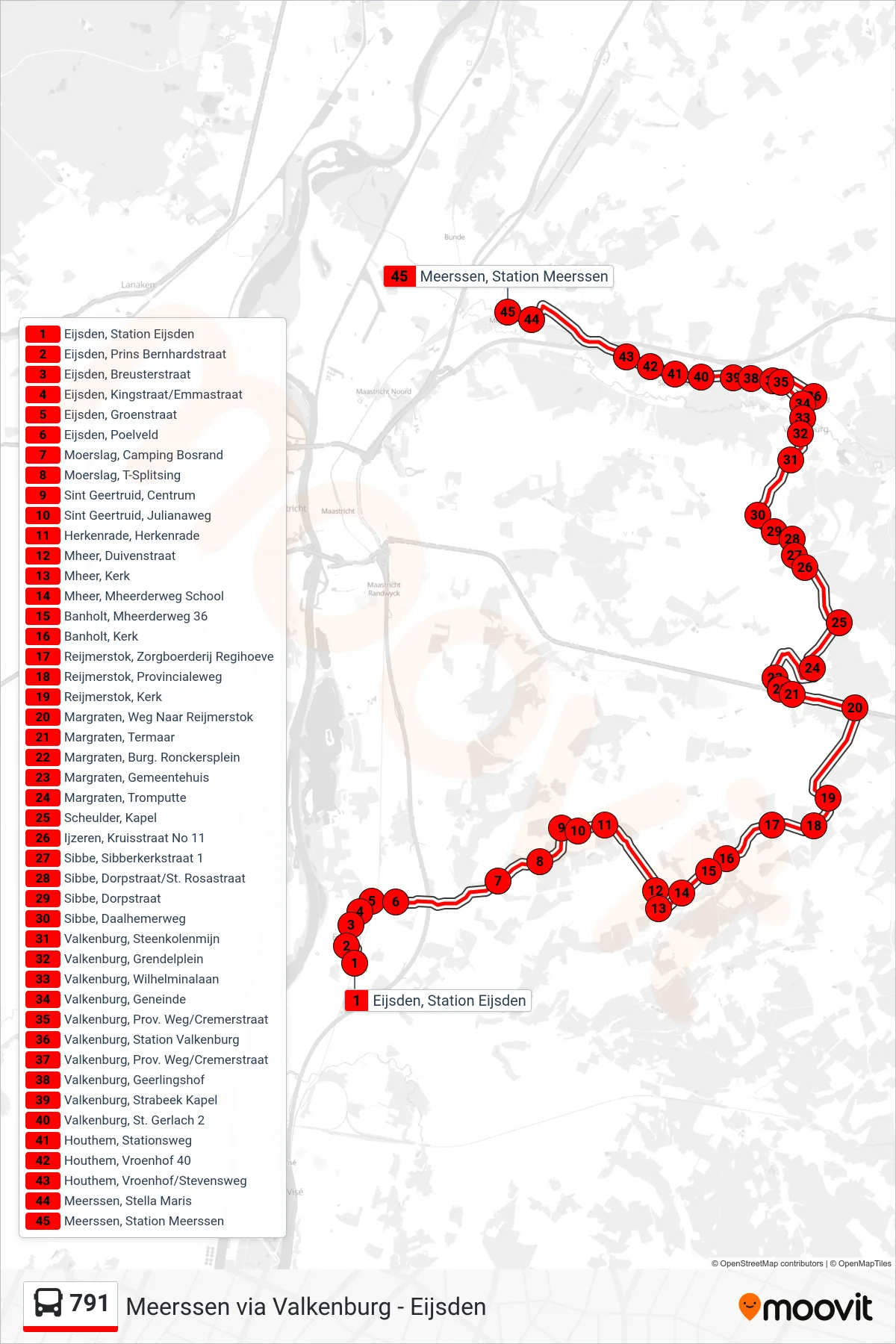 791 bus Line (Margraten-Meerssen) route and stops on a map