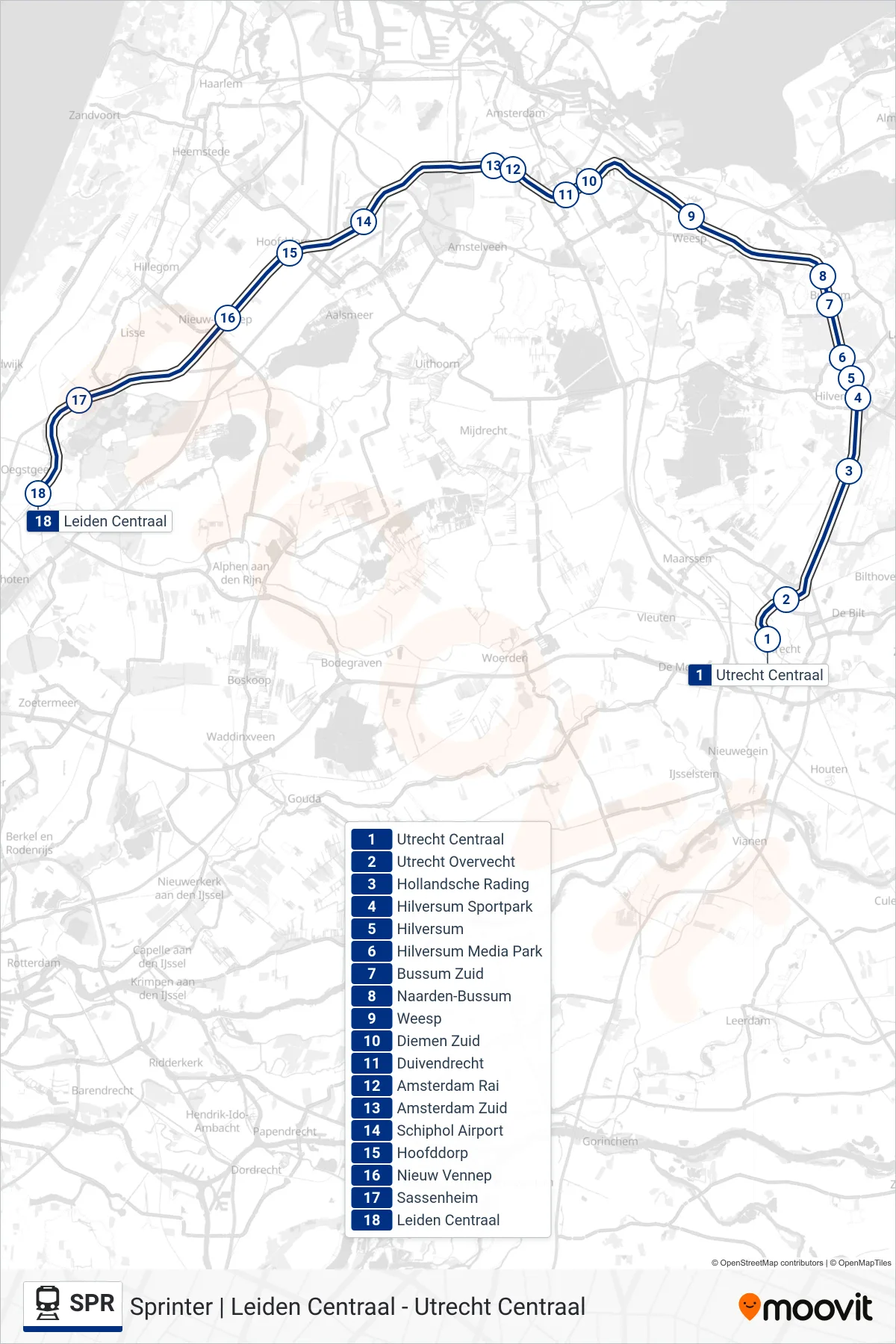 Lijn SPR (trein, Leiden Centraal): route en haltes op de kaart