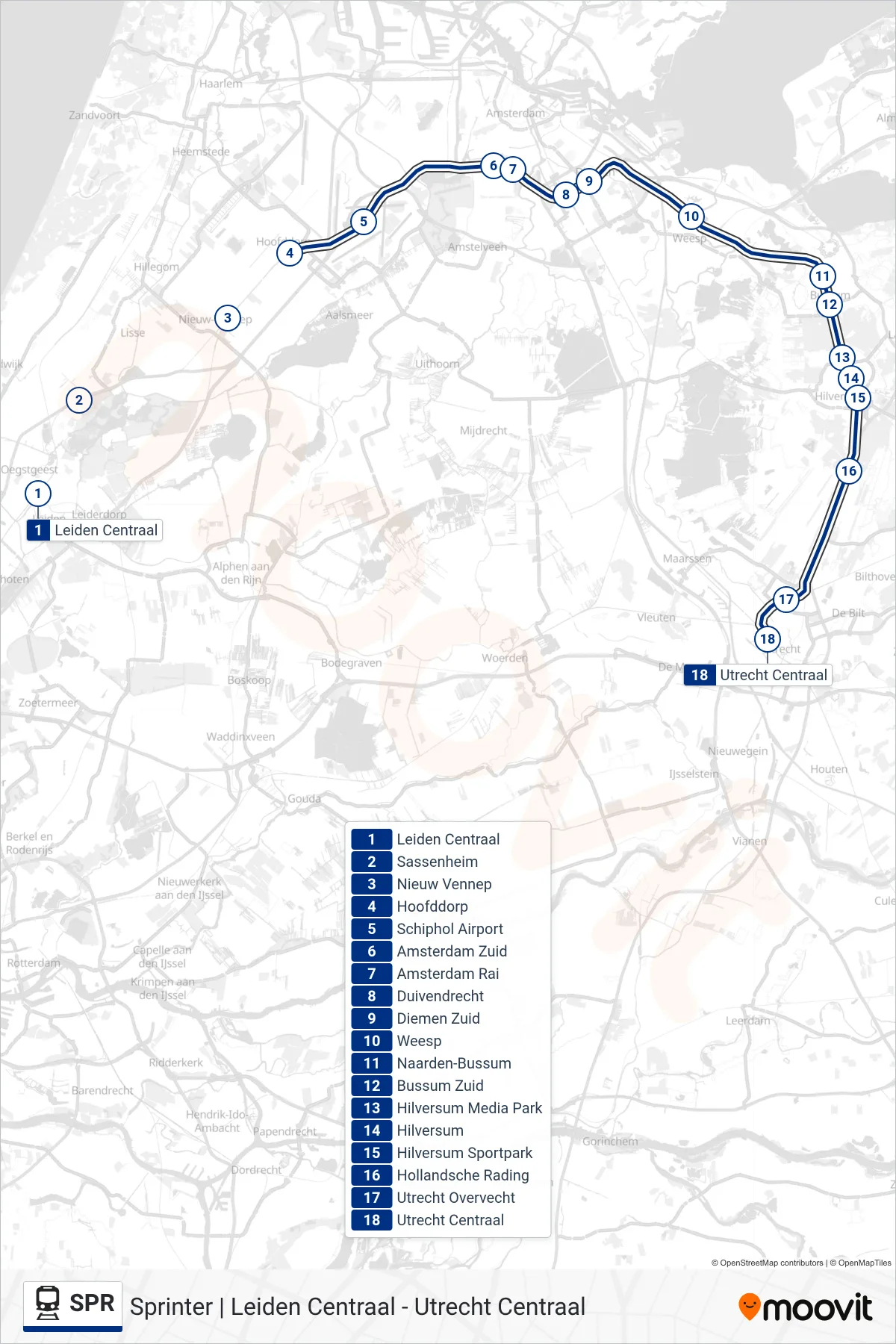 Lijn SPR (trein, Utrecht Centraal): route en haltes op de kaart