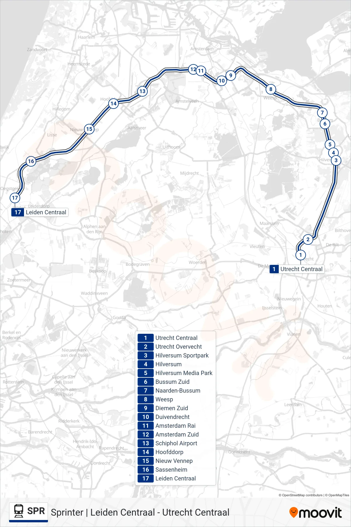 Lijn SPR (trein, Den Haag Centraal): route en haltes op de kaart