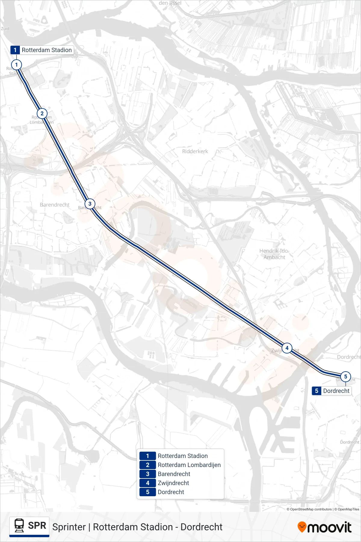 Lijn SPR (trein, Dordrecht): route en haltes op de kaart