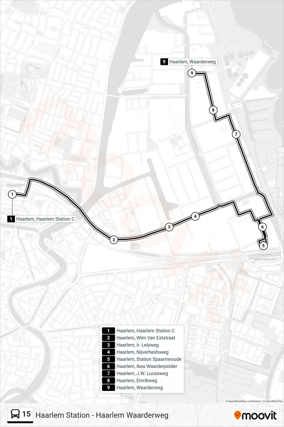 Lijn 15 (bus, Waarderpolder): route en haltes op de kaart