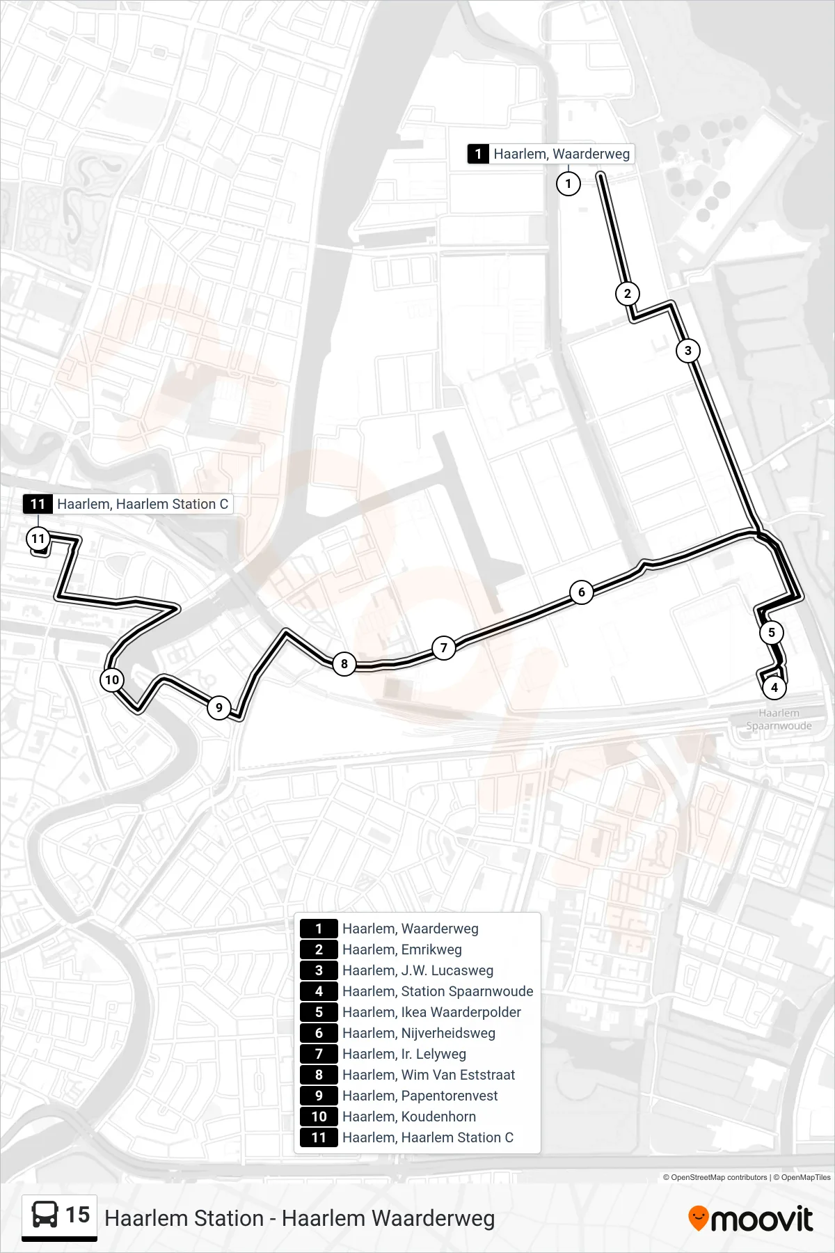 Lijn 15 (bus, Haarlem Station): route en haltes op de kaart