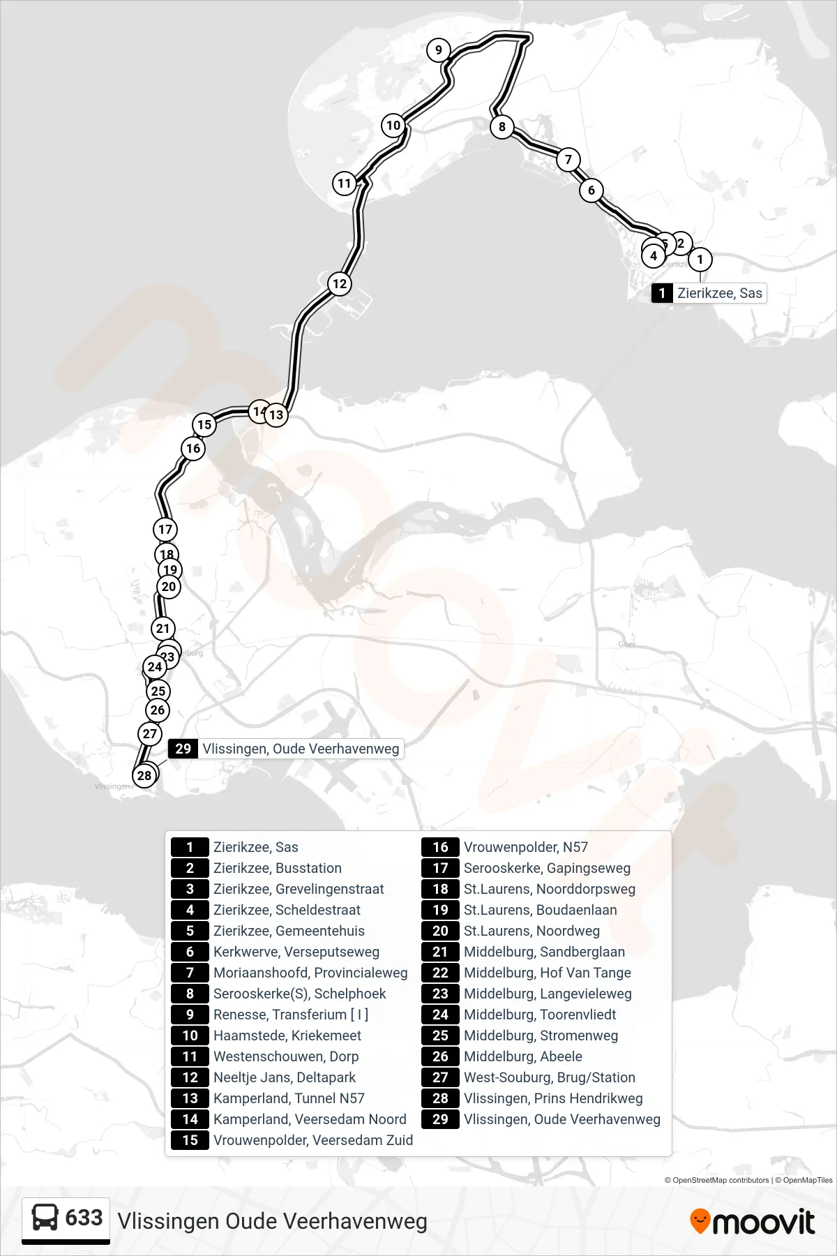 Lijn 633 (bus, Vlissingen Oude Veerhavenweg): route en haltes op de kaart
