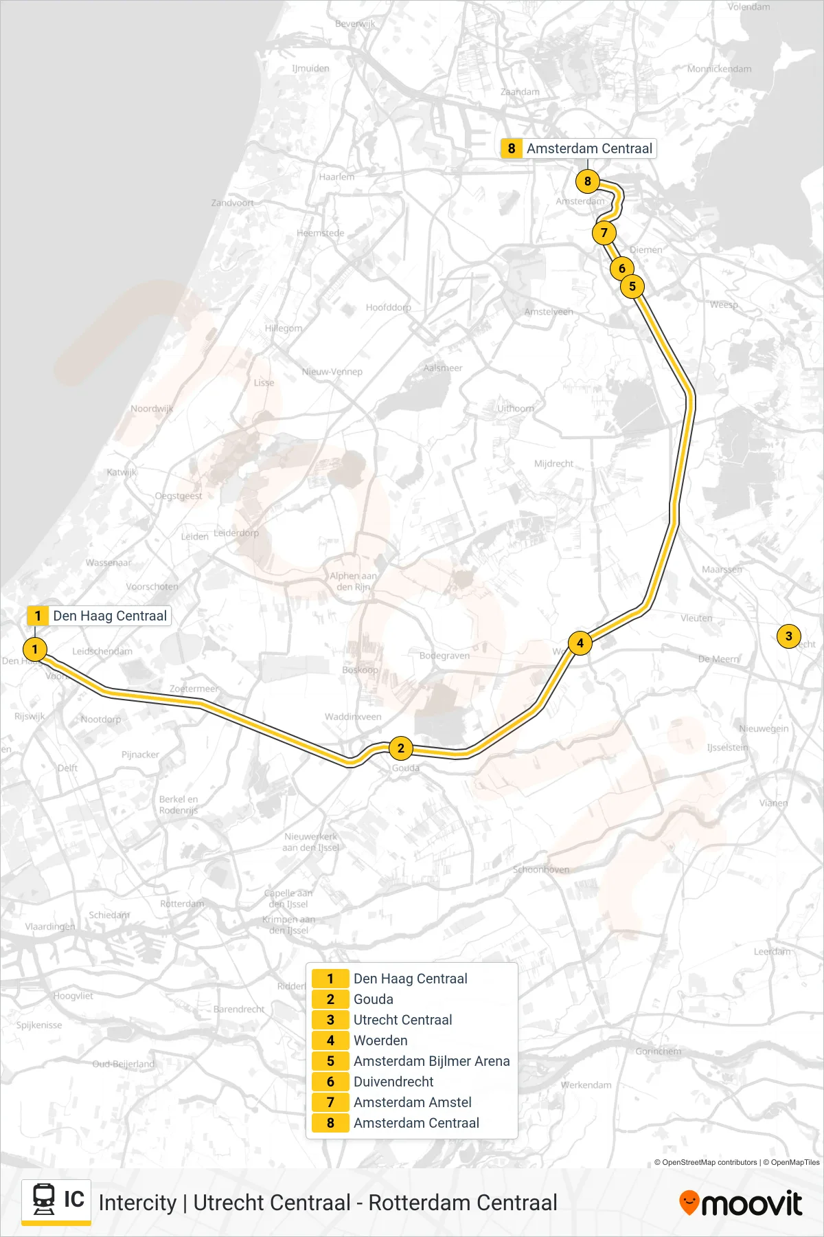 Lijn IC (trein, Amsterdam Centraal): route en haltes op de kaart