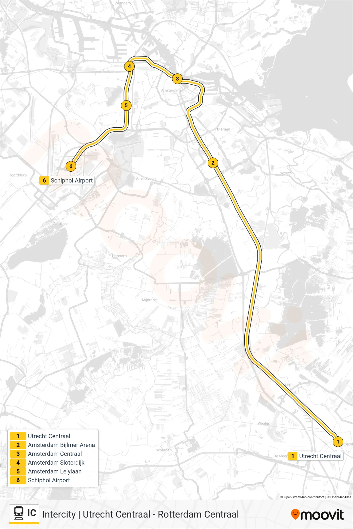 Lijn IC (trein, Schiphol Airport): route en haltes op de kaart