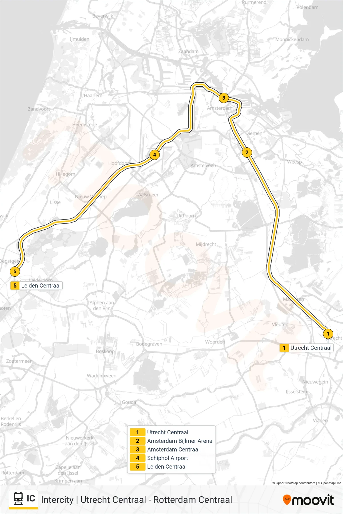 Lijn IC (trein, Leiden Centraal): route en haltes op de kaart