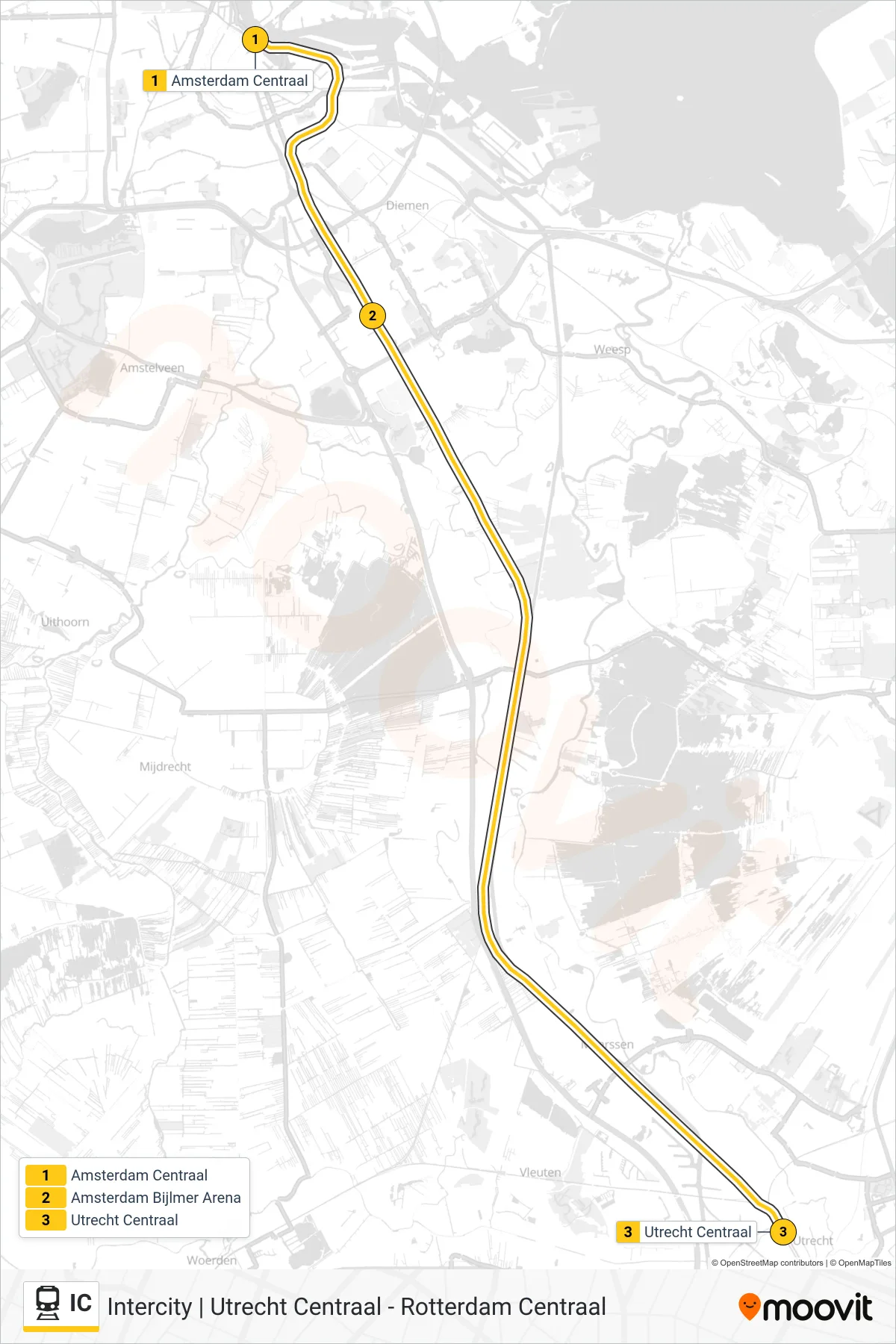 IC rail Line (Nijmegen) route and stops on a map
