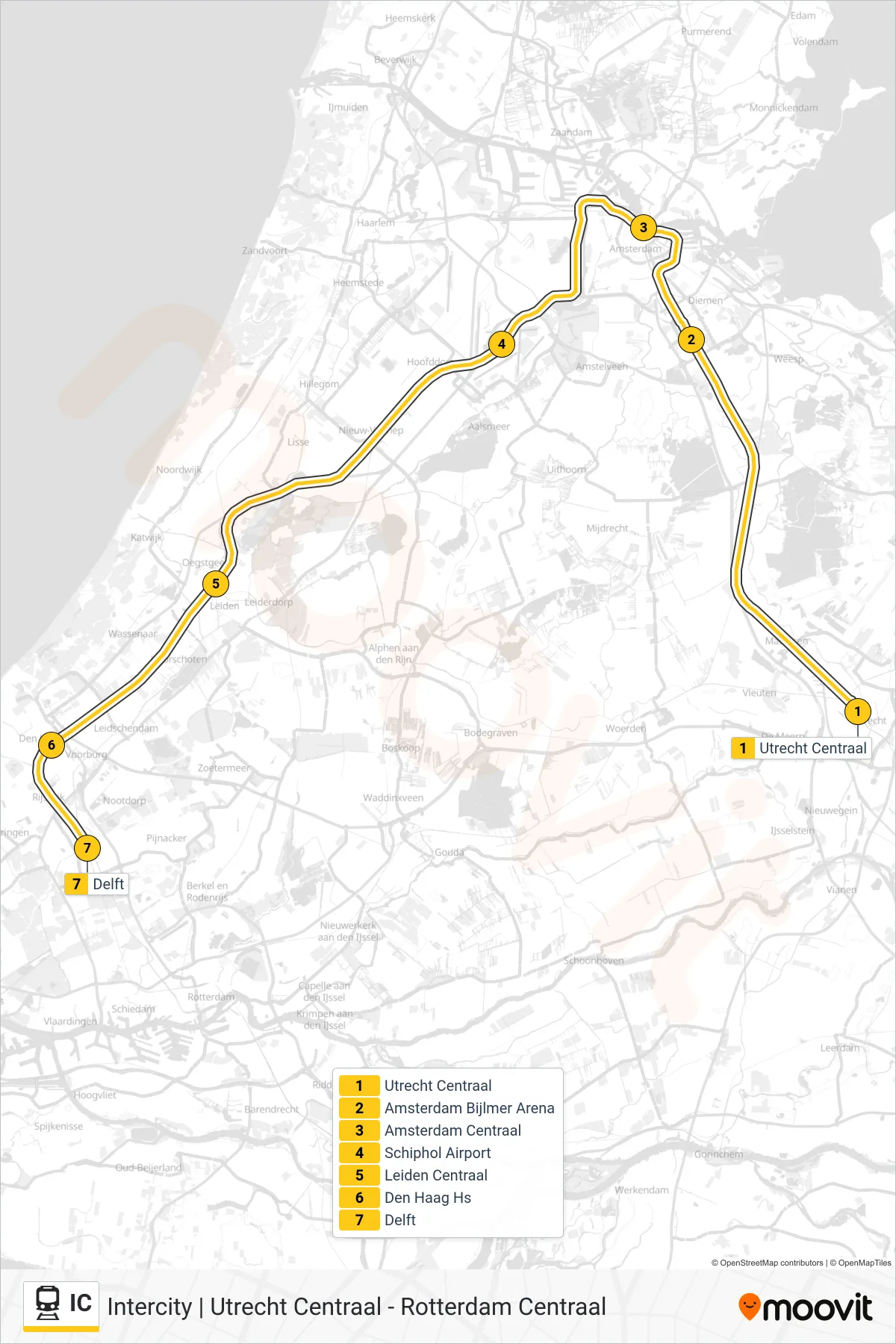 Lijn IC (trein, Delft): route en haltes op de kaart