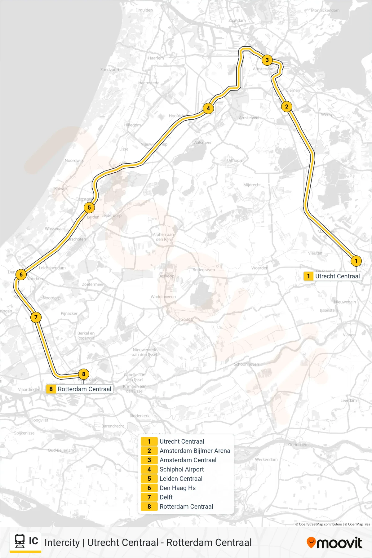 Lijn IC (trein, Rotterdam Centraal): route en haltes op de kaart