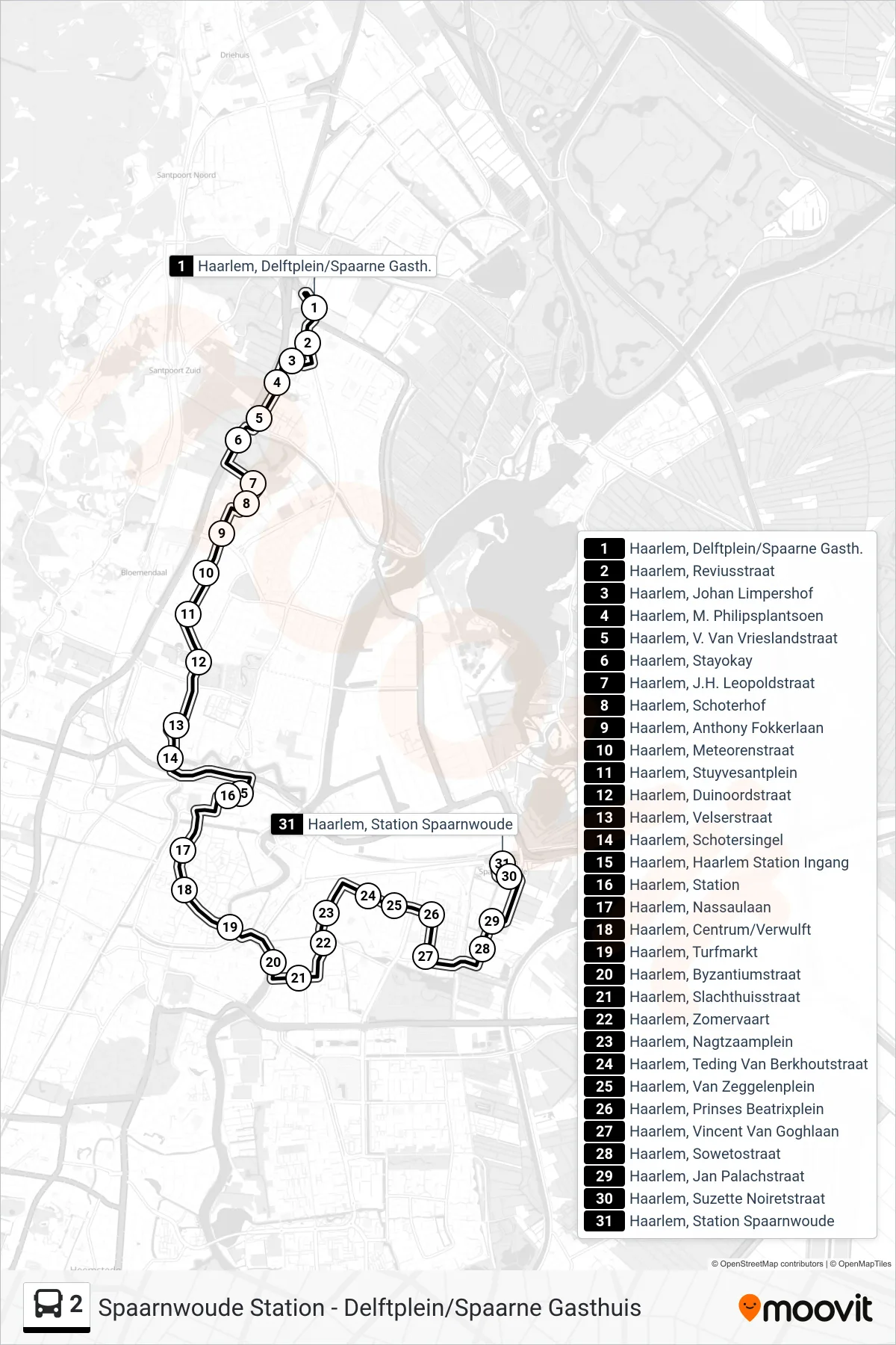 Lijn 2 (bus, Station Spaarnwoude): route en haltes op de kaart