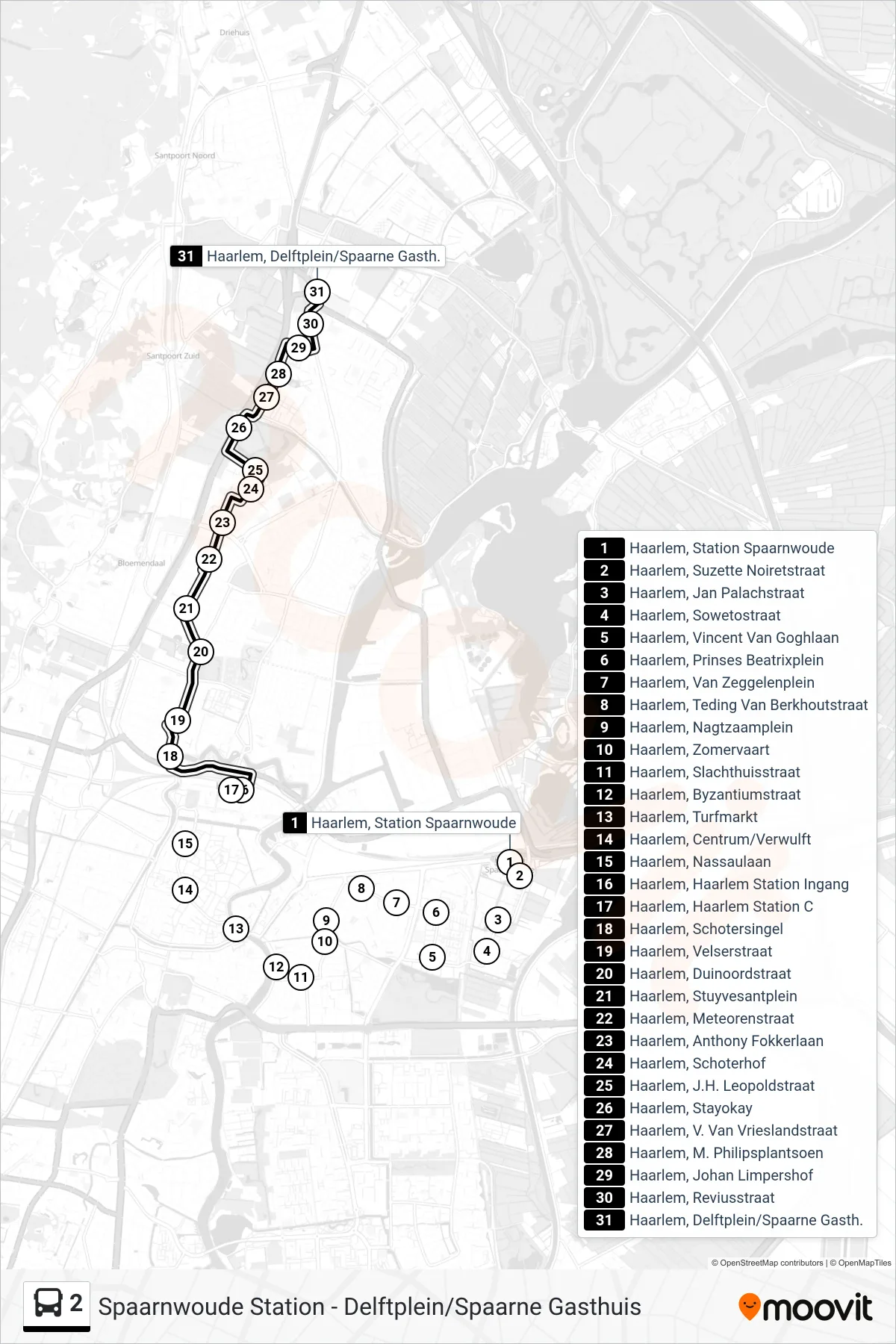Lijn 2 (bus, Delftplein/Spaarne Gasth.): route en haltes op de kaart
