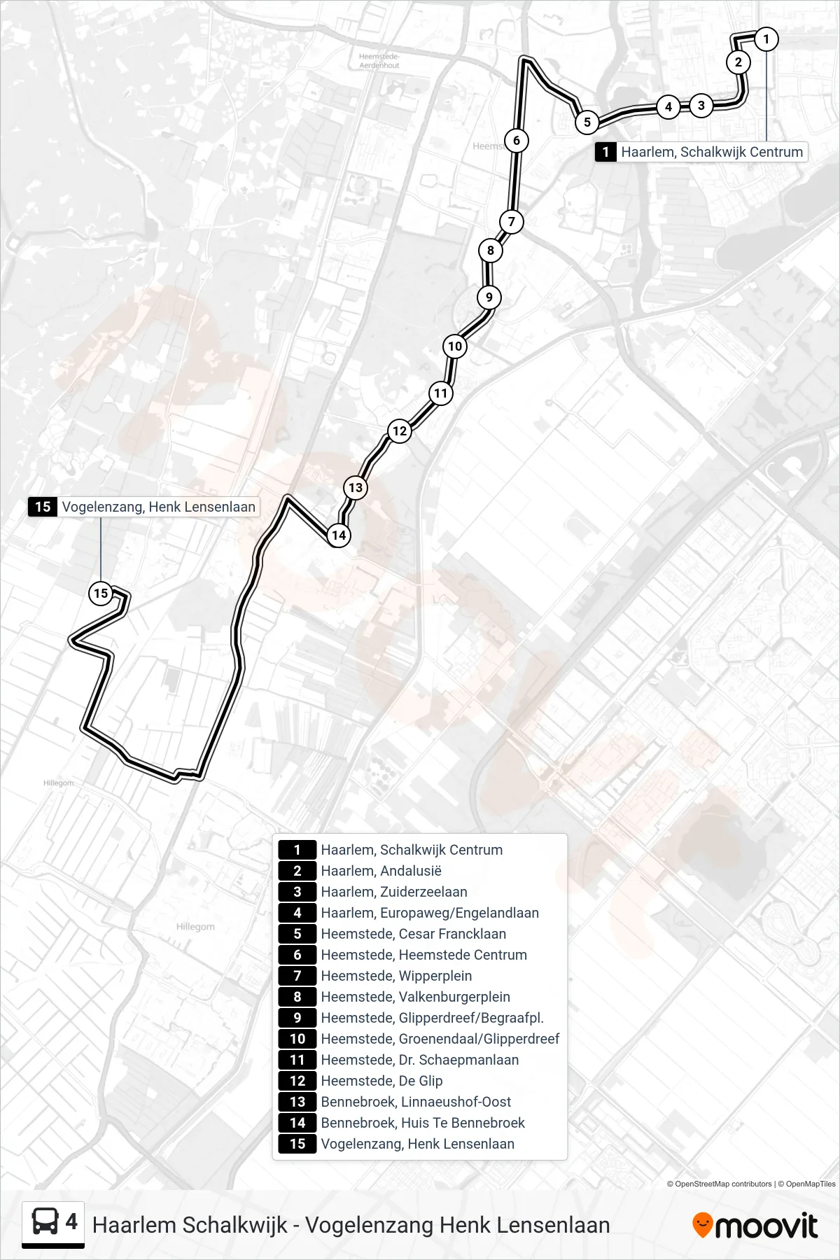 Lijn 4 (bus, Vogelenzang Henk Lensenlaan): route en haltes op de kaart