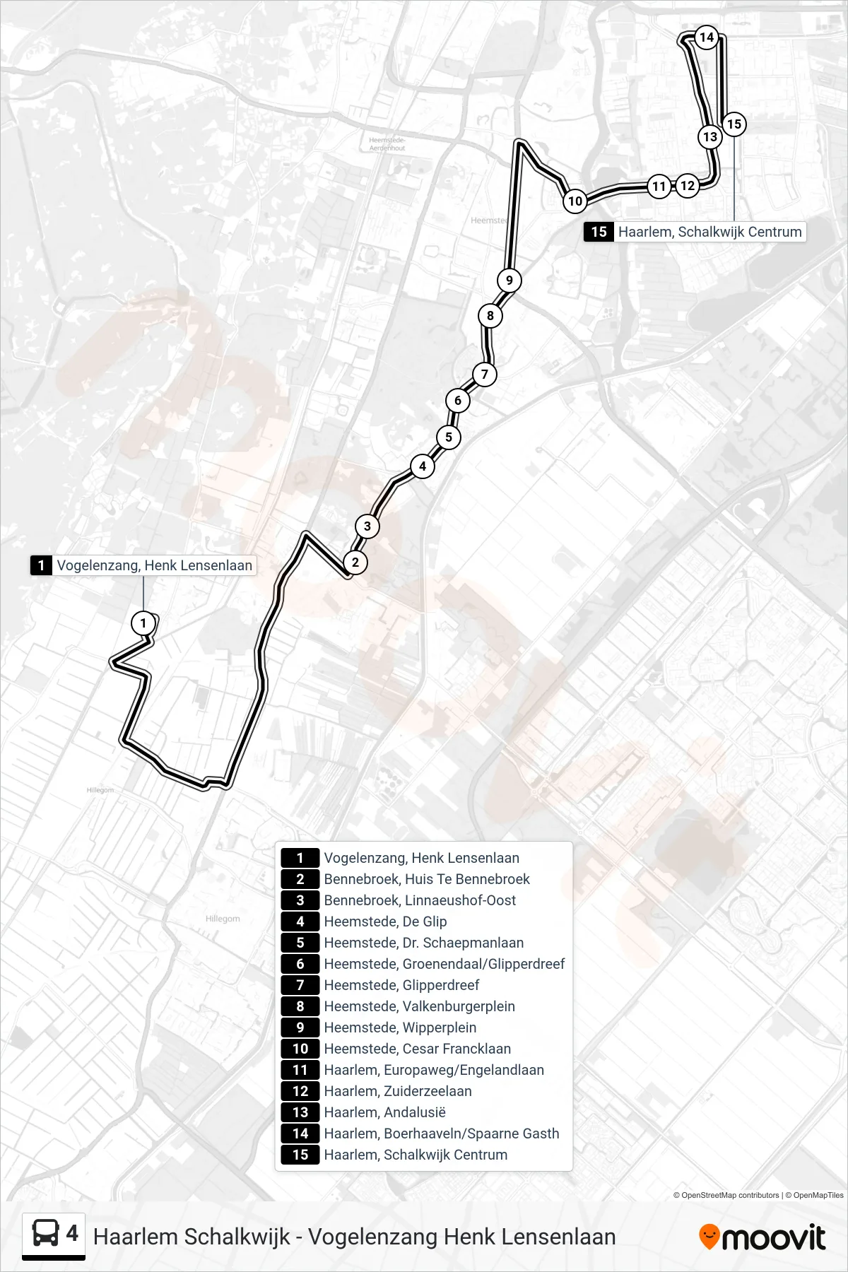 4 bus Line (Schalkwijk Centrum) route and stops on a map