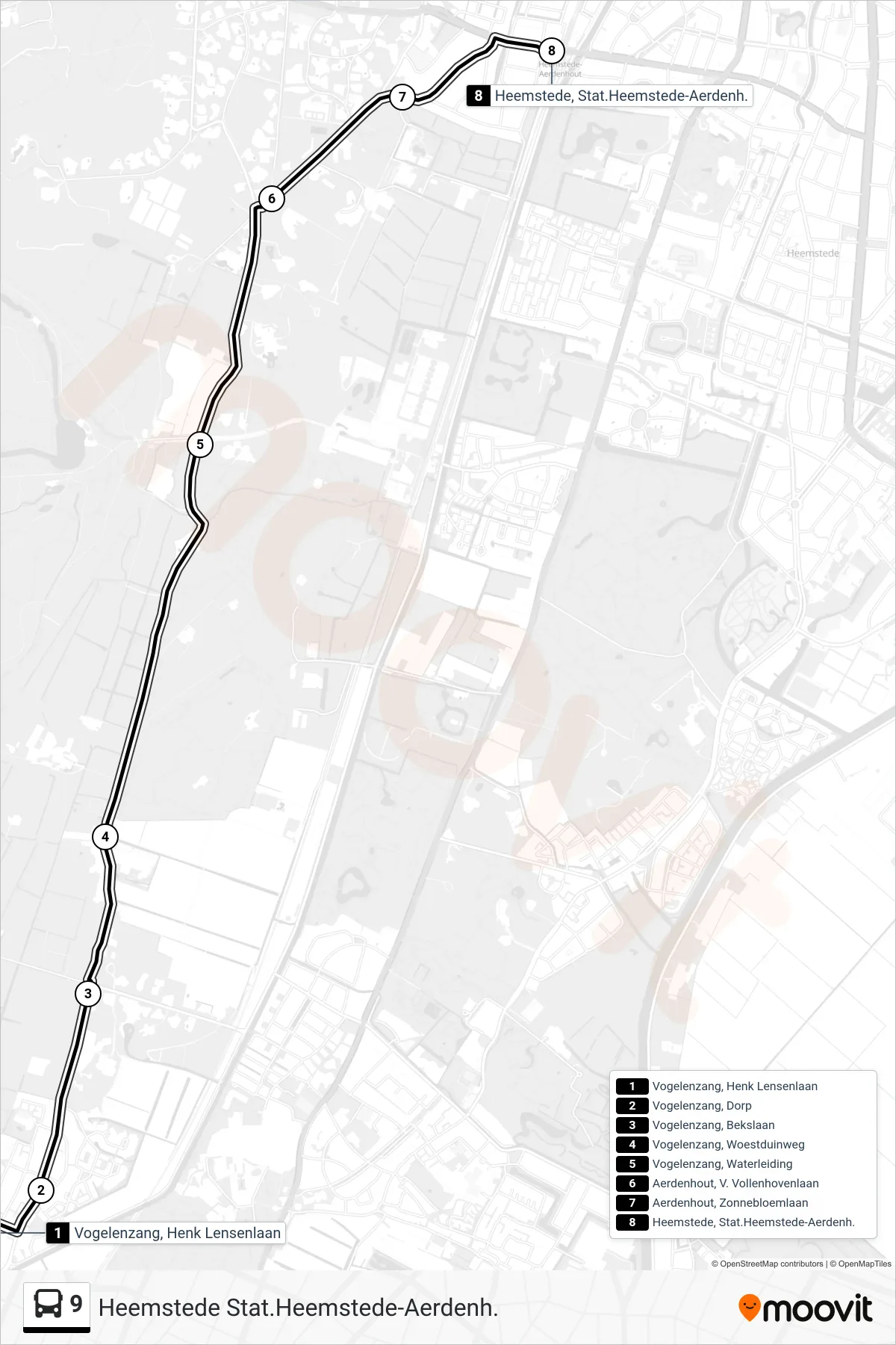 Lijn 9 (bus, Heemstede Stat.Heemstede-Aerdenh.): route en haltes op de kaart