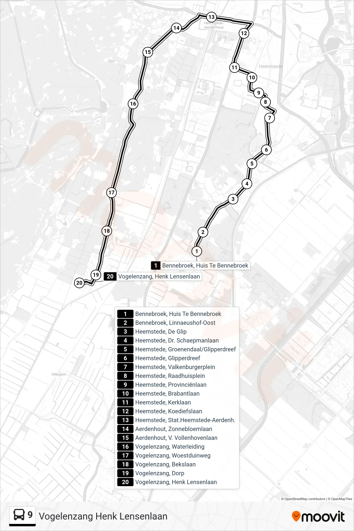 Lijn 9 (bus, Vogelenzang Henk Lensenlaan): route en haltes op de kaart