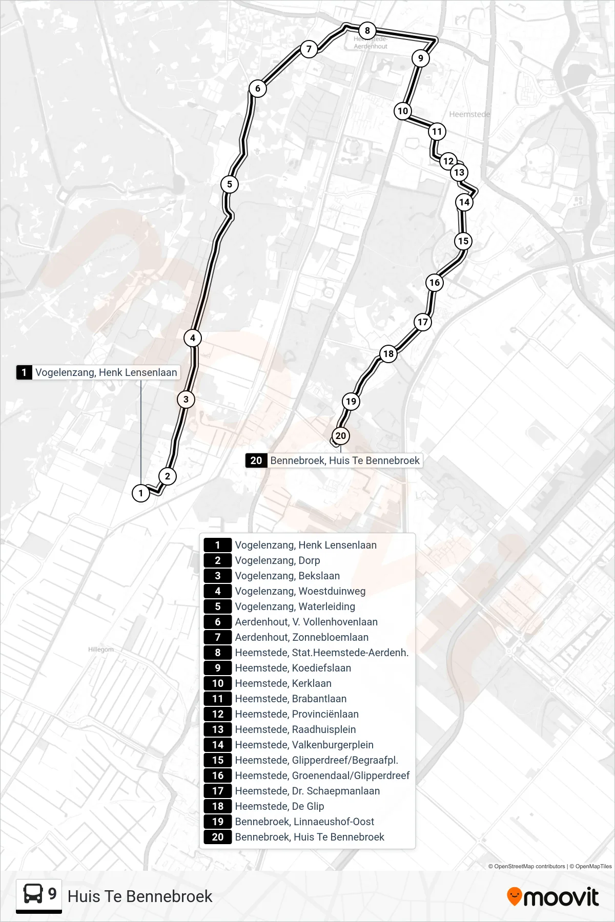 9 bus Line (Huis Te Bennebroek) route and stops on a map