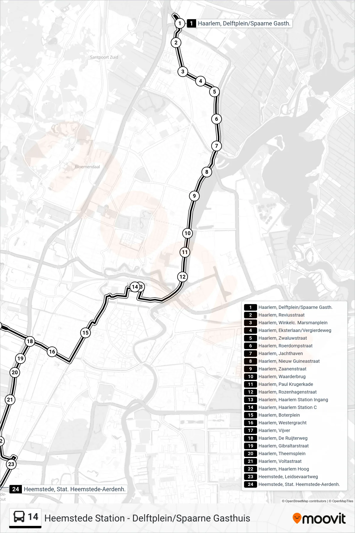 Lijn 14 (bus, Heemstede Station): route en haltes op de kaart