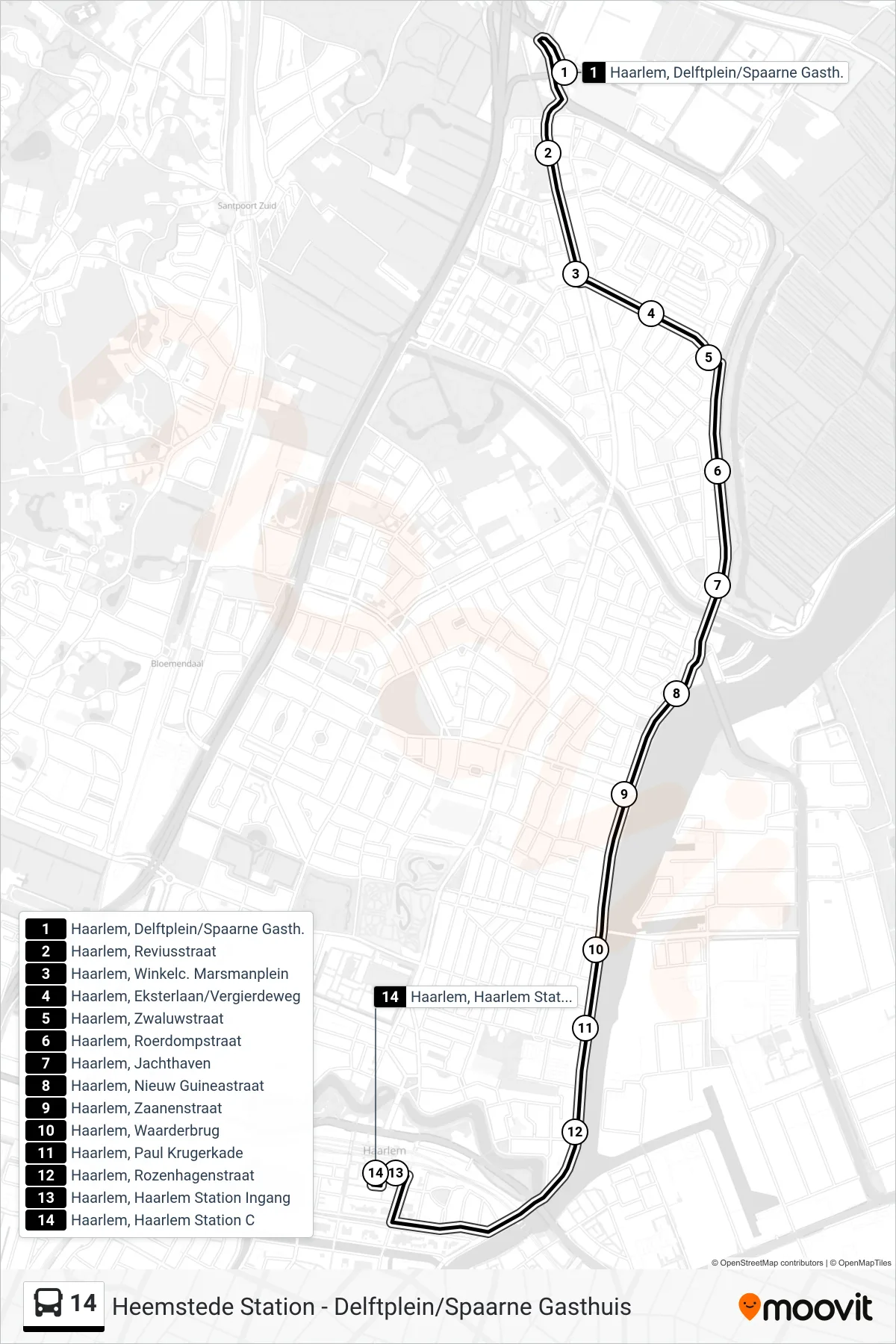 Lijn 14 (bus, Haarlem Station): route en haltes op de kaart