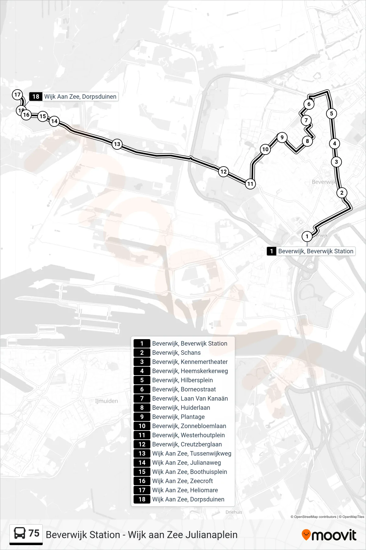 Lijn 75 (bus, Wijk Aan Zee, Dorpsduinen): route en haltes op de kaart