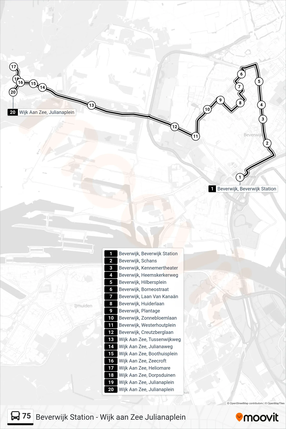 Lijn 75 (bus, Wijk Aan Zee Julianaplein): route en haltes op de kaart