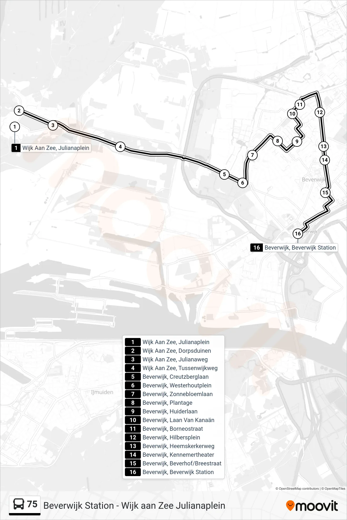 Lijn 75 (bus, Beverwijk Station): route en haltes op de kaart