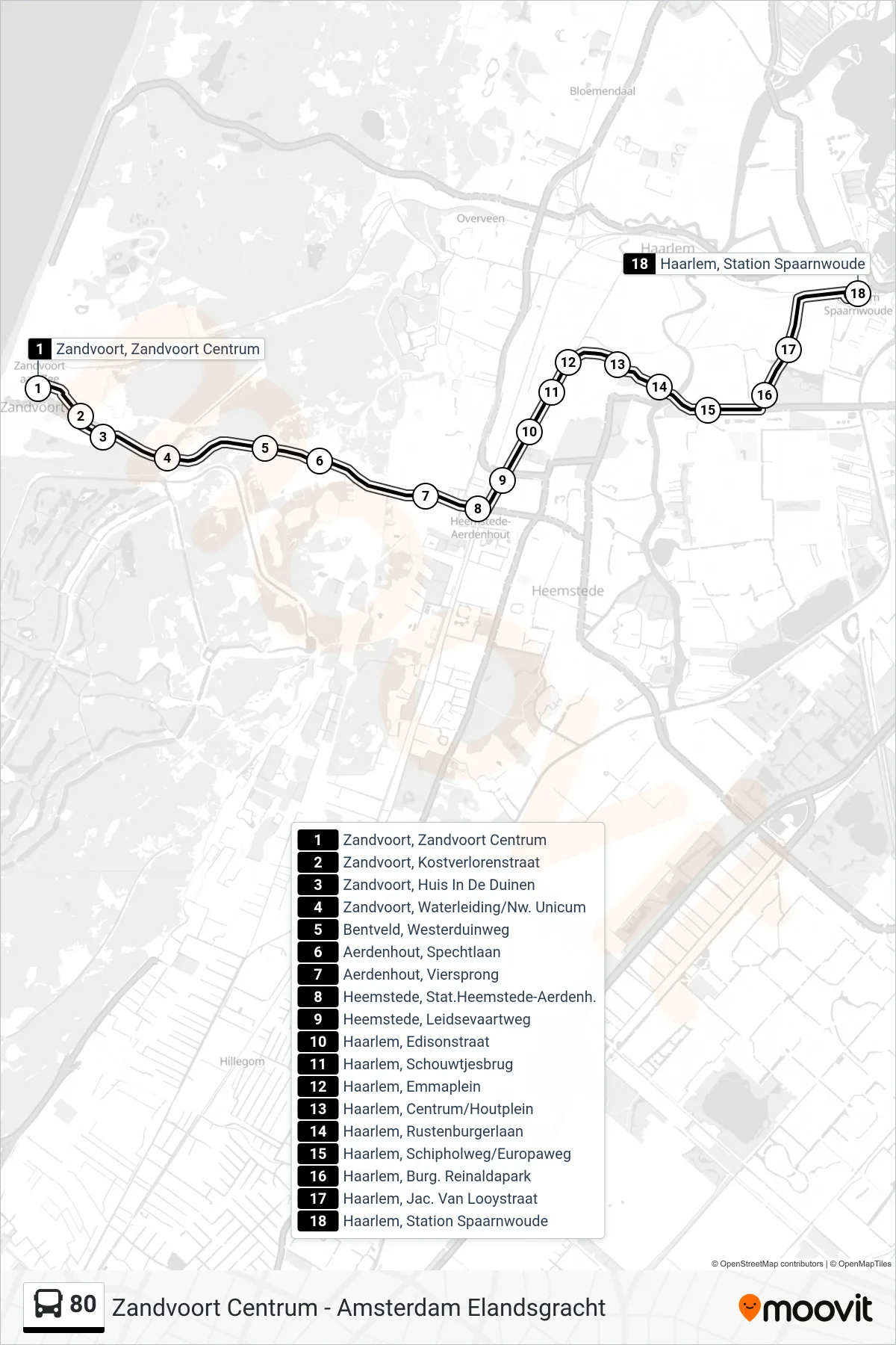 Lijn 80 (bus, Haarlem Station Spaarnwoude): route en haltes op de kaart