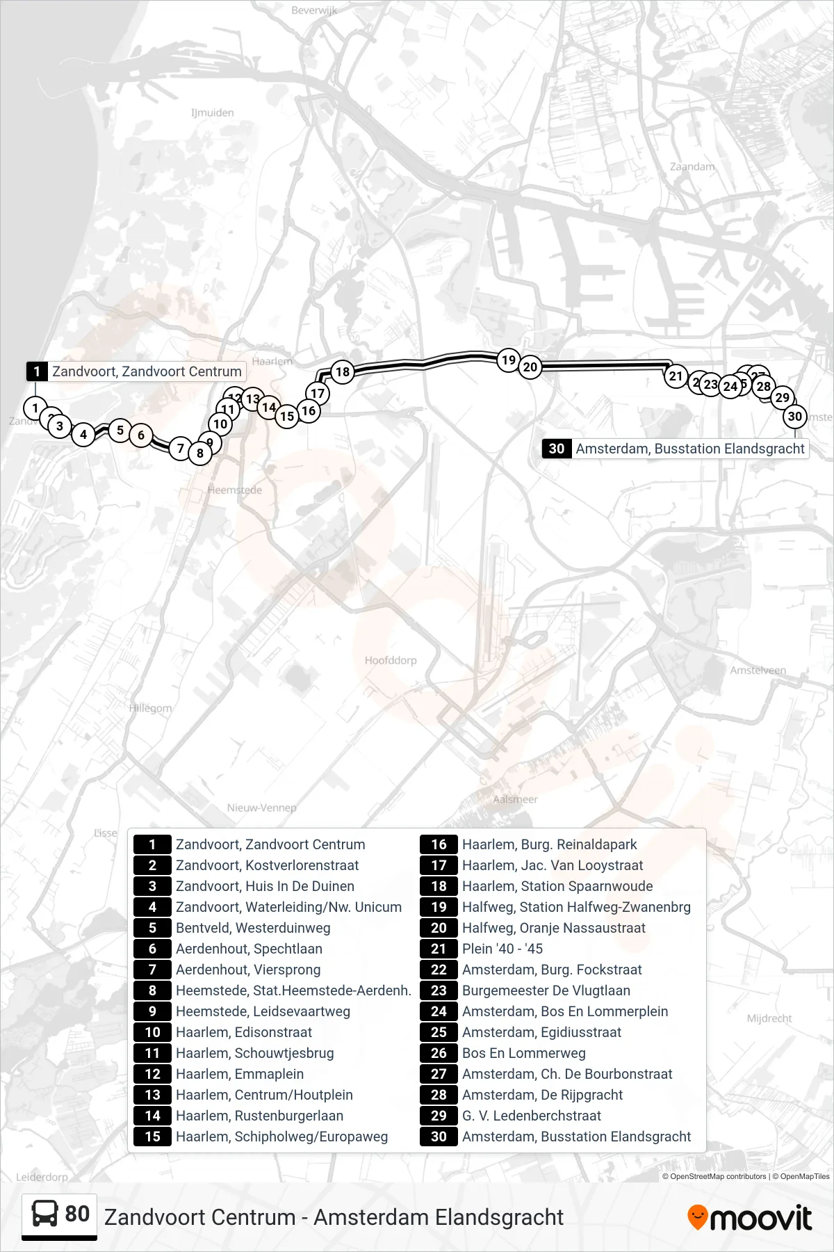 80 bus Line (Amsterdam Elandsgracht) route and stops on a map