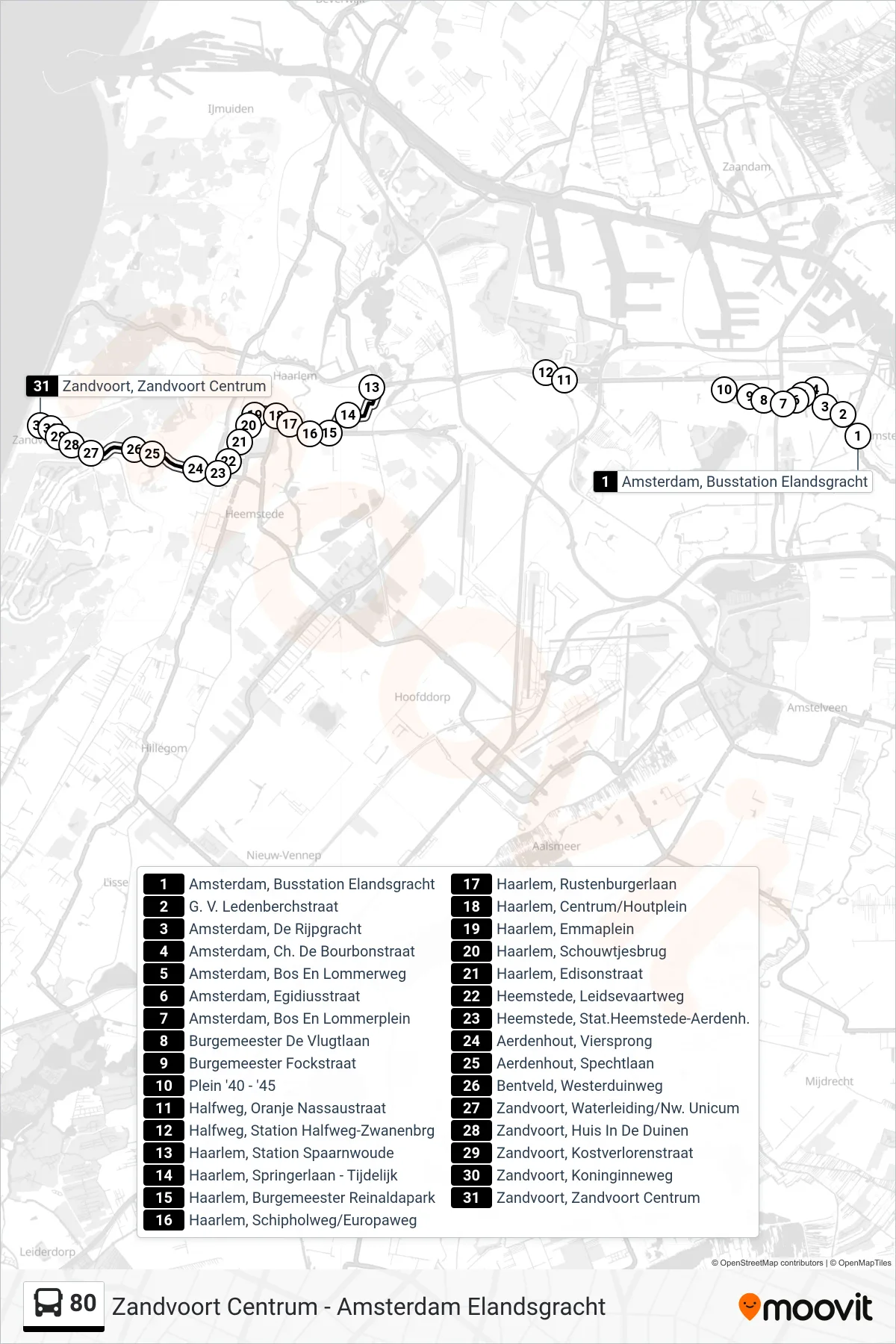 Lijn 80 (bus, Zandvoort Centrum): route en haltes op de kaart