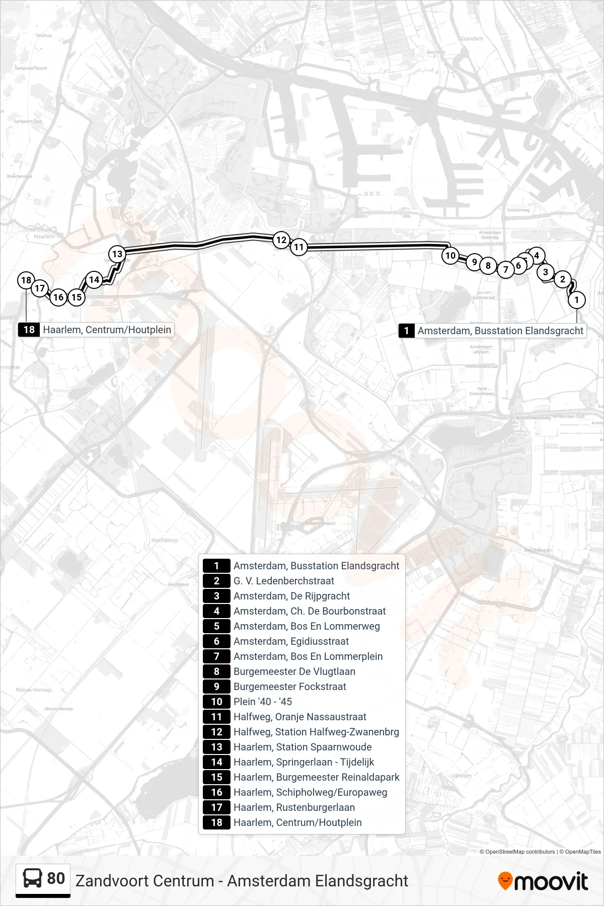 80 bus Line (Centrum/Houtplein) route and stops on a map