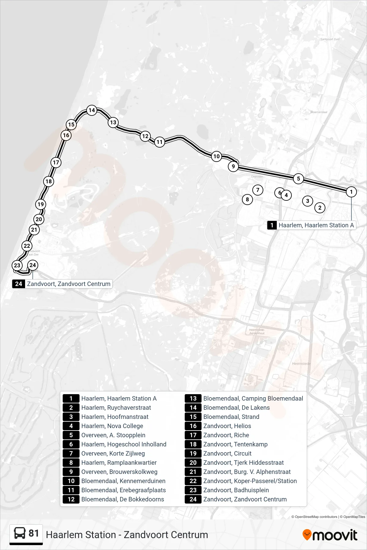 Lijn 81 (bus, Zandvoort Centrum): route en haltes op de kaart