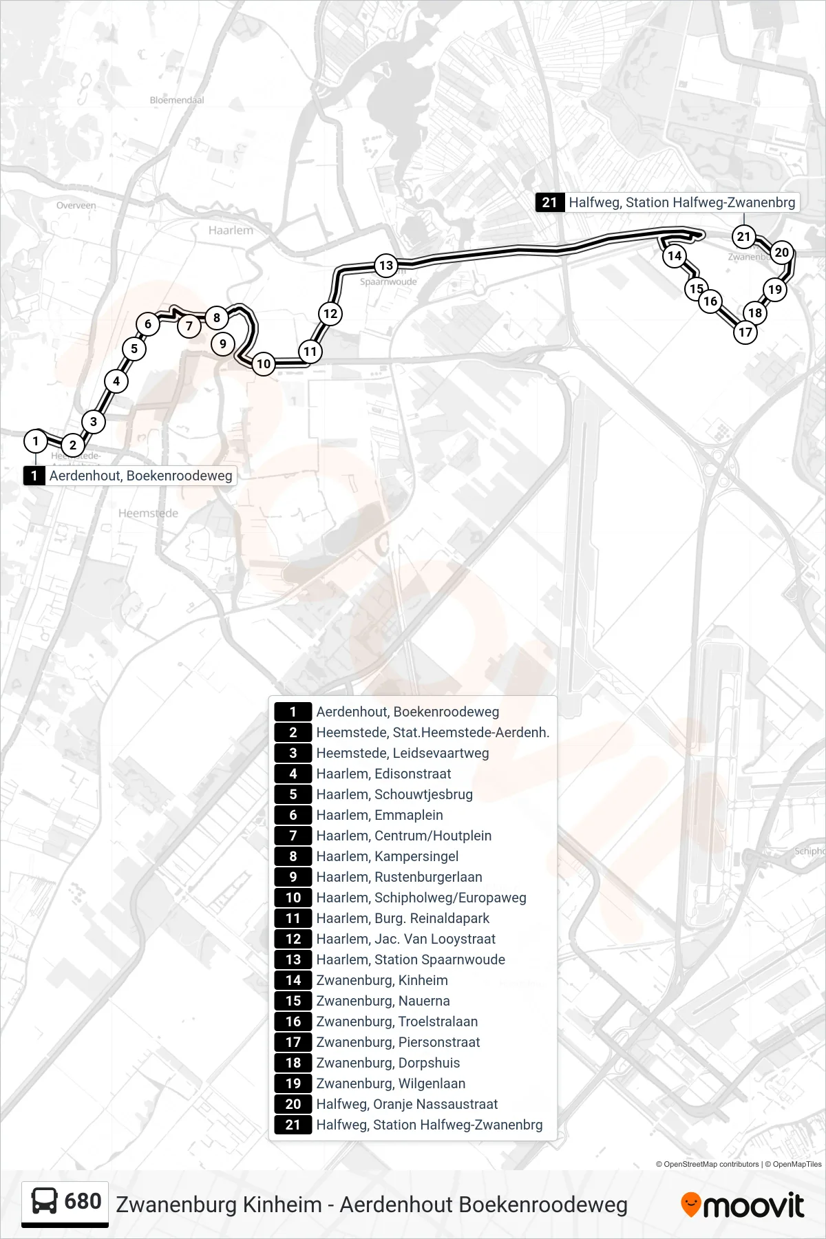 680 bus Line (Halfweg Station Halfweg-Zwanenburg) route and stops on a map