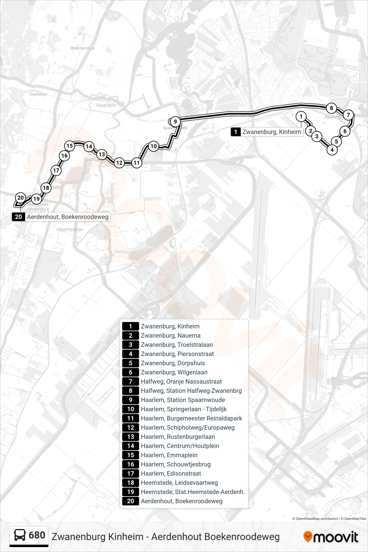 Lijn 680 (bus, Aerdenhout Boekenroodeweg): route en haltes op de kaart