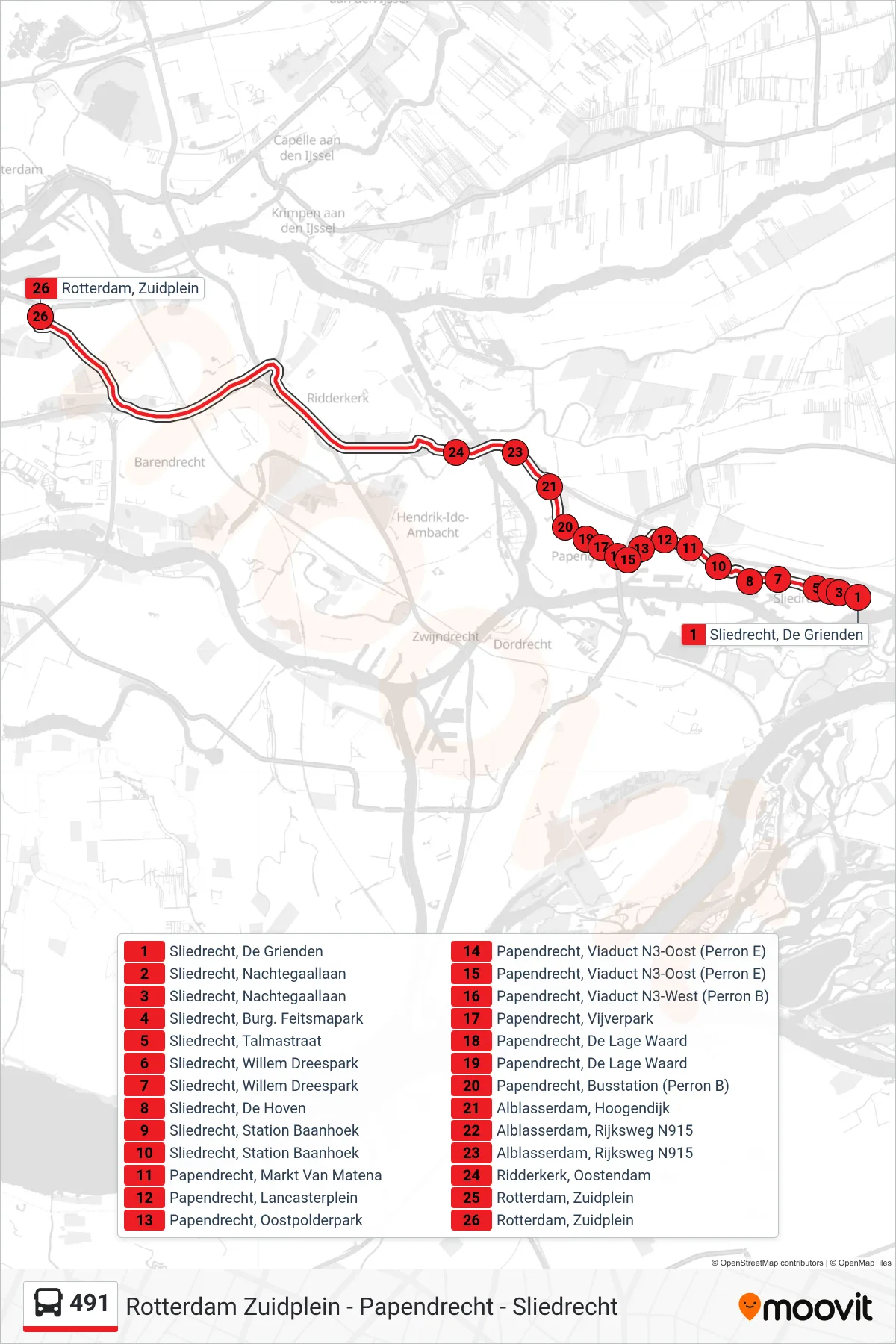 Lijn 491 (bus, Rotterdam Zuidplein): route en haltes op de kaart
