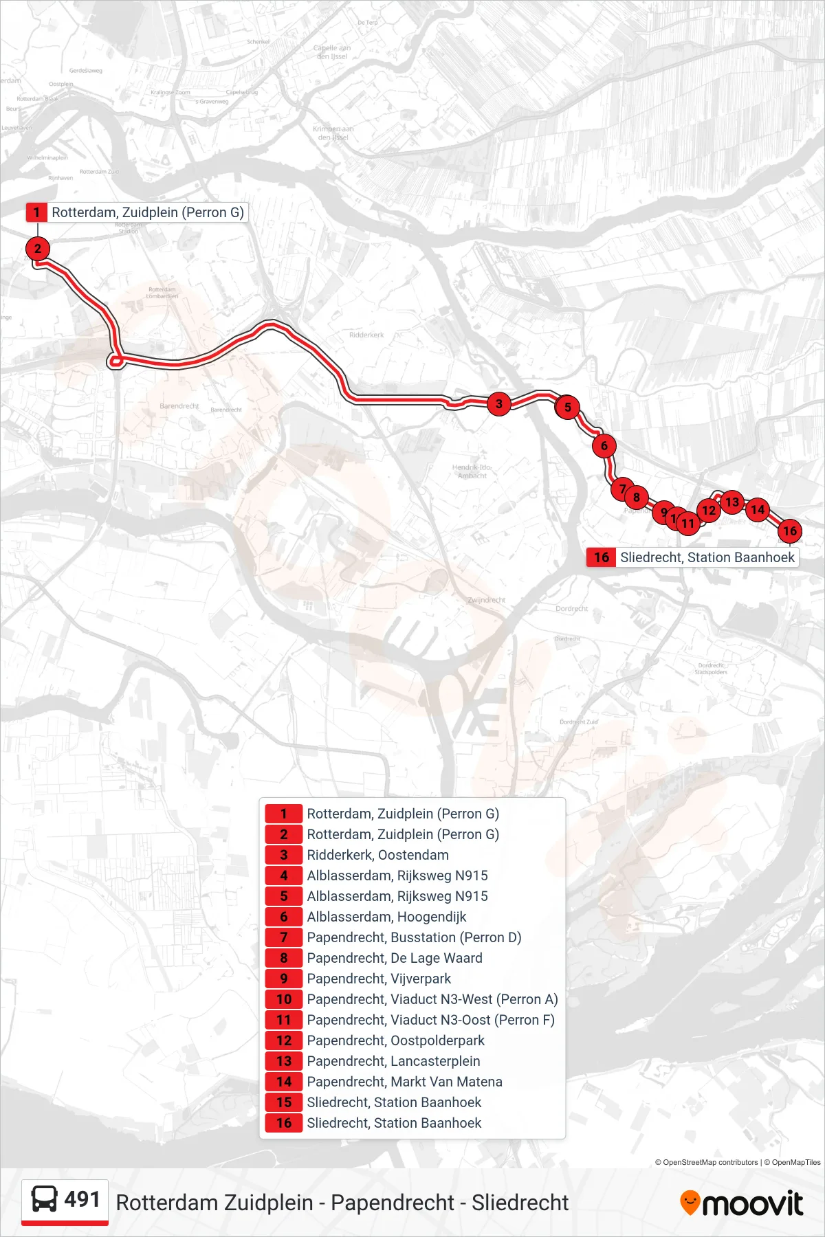 Lijn 491 (bus, Sliedrecht Baanhoek): route en haltes op de kaart