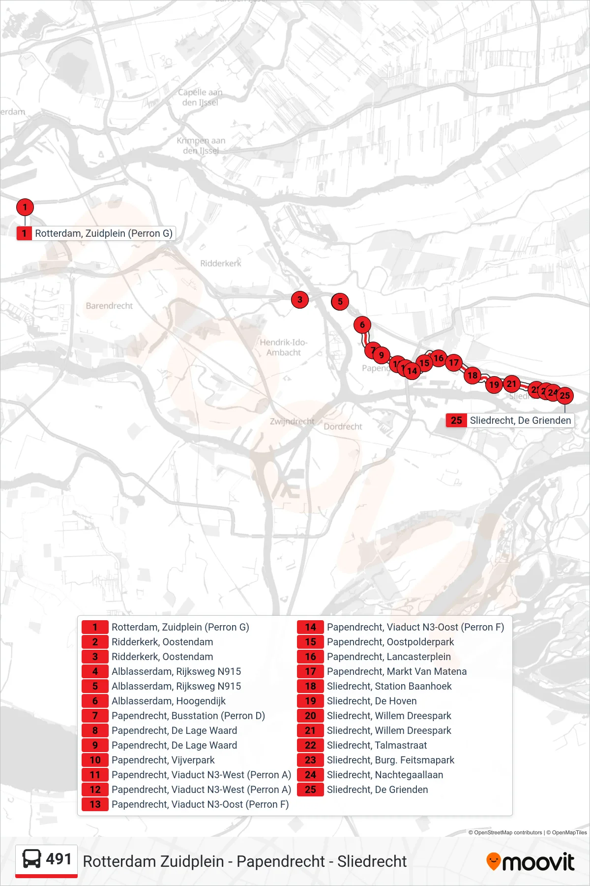 Lijn 491 (bus, Sliedrecht): route en haltes op de kaart